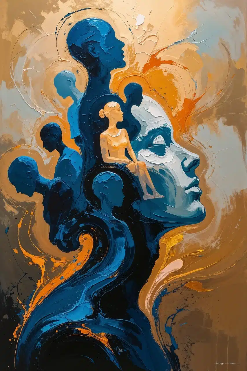 Peinture abstraite de visages interconnectés en bleu et orange.